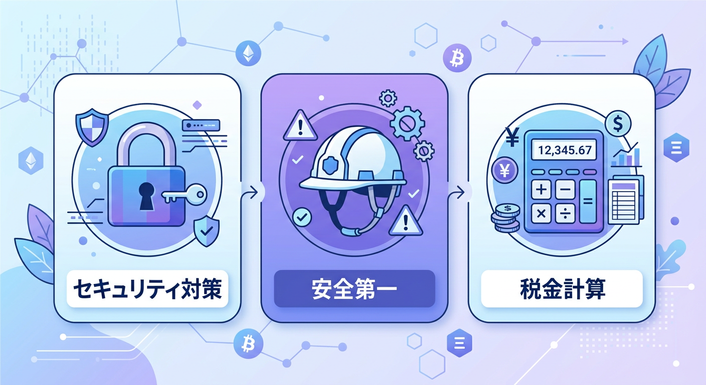 仮想通貨のリスク回避策であるセキュリティ・安全・税金対策のアイコン