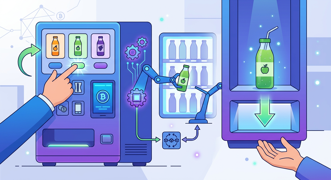スマートコントラクトの仕組みを例える自動販売機のイラスト